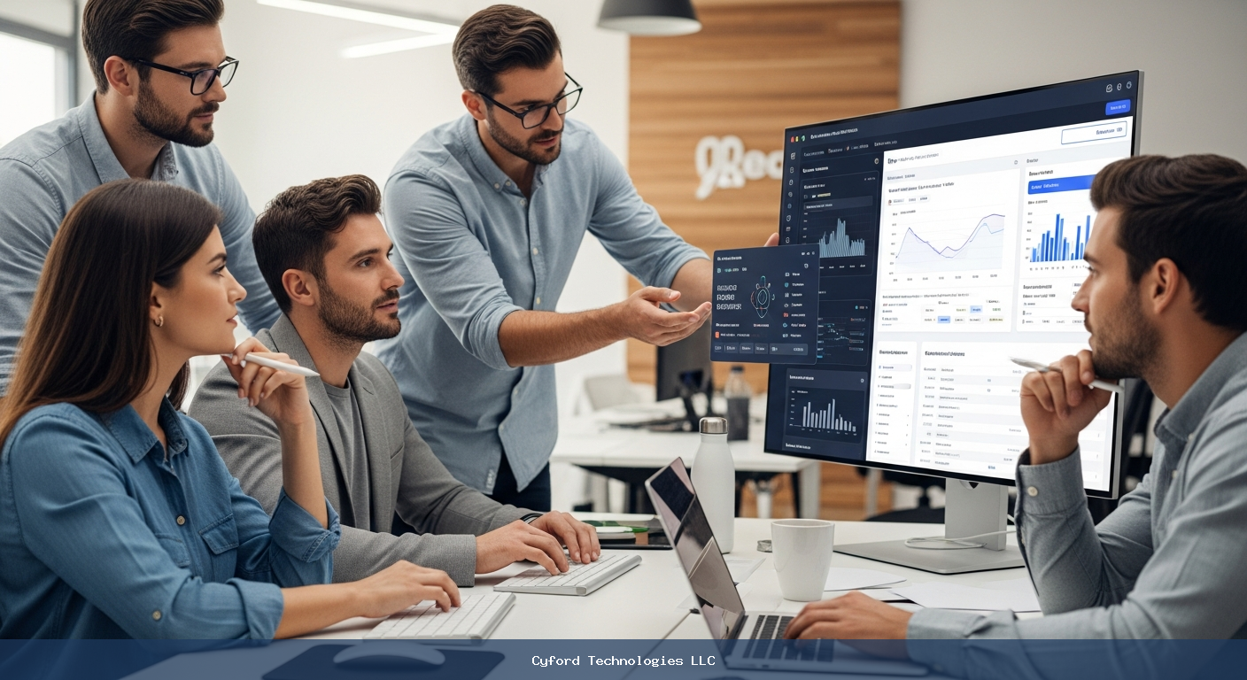 team of tech professionals working on modern sales automation software on a large digital display
